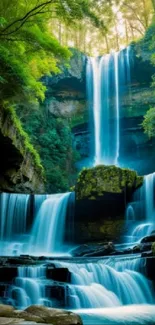 Serene waterfall in lush green forest background.