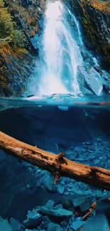 Serene waterfall over blue rocks with lush greenery background.