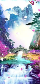 Vibrant wallpaper featuring waterfall, bridge, mountains, and colorful trees.