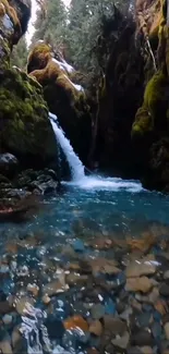 Serene waterfall in a lush canyon landscape with teal blue waters.