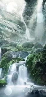 Lush green waterfall with mossy rocks, serene nature view.