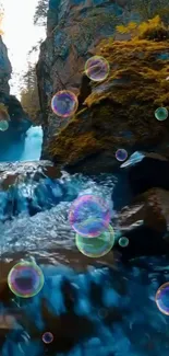 Serene blue waterfall with colorful bubbles.