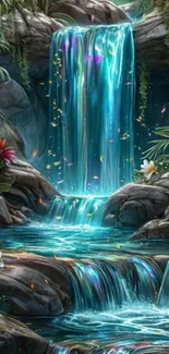 Fantasy waterfall with vibrant colors and lush plants