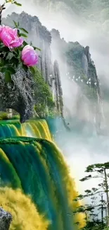 Fantasy waterfall with pink roses and misty cliffs.