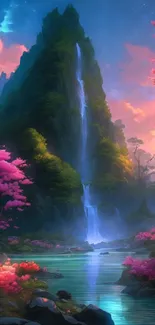 Fantasy waterfall landscape with pink blossoms and a serene atmosphere.