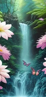 Fantasy waterfall scene with flowers and butterflies.