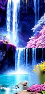 Fantasy waterfall landscape with pink foliage and vibrant colors.