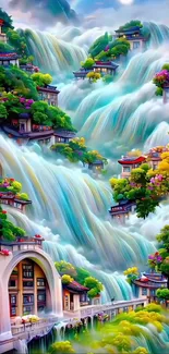 Fantasy village with waterfalls and lush greenery.