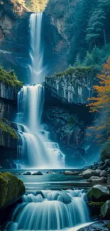 Lush forest waterfall cascading gently through rocks.