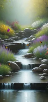 Serene forest waterfall with butterflies and vibrant flowers.