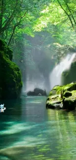 Serene forest landscape with waterfall and lush greenery.