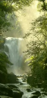 Serene waterfall flowing through a lush green forest, embodying nature's tranquility.