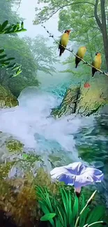 Scenic green forest with waterfall and colorful birds on a branch.