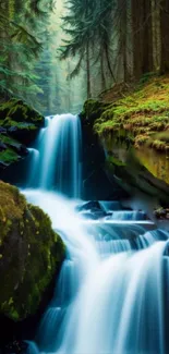 Serene waterfall in a lush green forest setting.