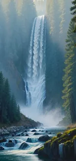 Majestic waterfall cascading through a lush forest in nature wallpaper.