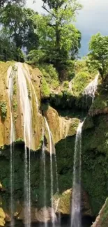 Mobile wallpaper of a serene waterfall in a lush green forest.