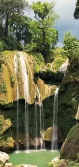 Serene waterfall flowing amidst lush forest greenery.