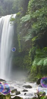 Serene waterfall in a lush green forest landscape.