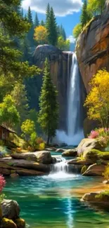 Serene waterfall in a lush forest landscape with vibrant colors.