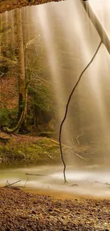 Serene waterfall in a lush forest with earthy tones.