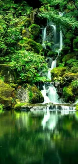 Waterfall cascading in lush green forest, reflecting in a serene pond.