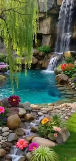 Serene waterfall garden with vibrant flowers.