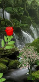 Serene waterfall with lush greenery and vibrant flowers in a scenic garden view.