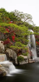 Serene garden waterfall with vibrant greenery and cascading water.