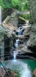 Serene waterfall gorge with lush greenery and cascading waters.