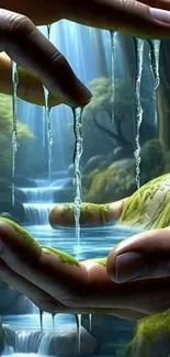 Hands cradling a serene waterfall in nature.