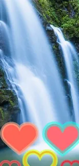 Mobile wallpaper with serene waterfall and colorful hearts.