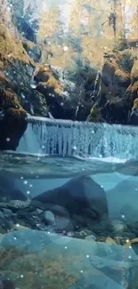 Serene waterfall in an autumn forest with sparkling waters.