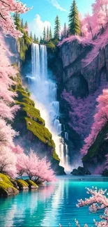 Scenic waterfall with cherry blossoms and turquoise waters set against a mountain.