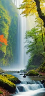 A tranquil waterfall in a colorful autumn forest.