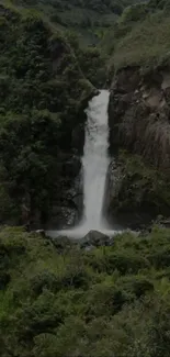 Serene waterfall amidst lush green valley landscape.