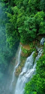 A breathtaking view of a lush waterfall cascading in a verdant forest.