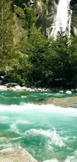 Serene waterfall and turquoise river in lush forest landscape.