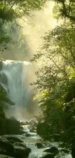 A peaceful waterfall surrounded by lush green forest and soft sunlight filtering through.