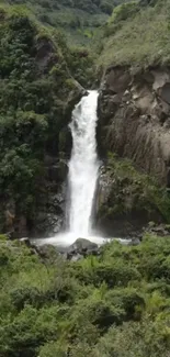 Waterfall cascading through lush green forest with rocky cliffs.