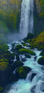 Lush green forest waterfall scenery.