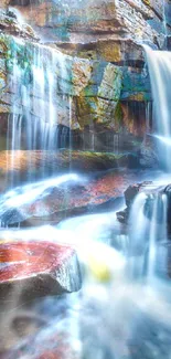 Serene waterfall cascading over rocks amid nature's tranquility.