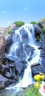 Waterfall with flowers in a serene nature setting.