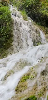 A serene waterfall cascades over rocks in lush green surroundings.