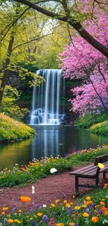 Beautiful spring landscape with a serene waterfall and vibrant blossoms.