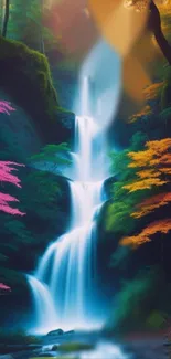 Colorful waterfall in a vibrant forest scene, ideal for mobile wallpaper.