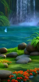Serene waterfall landscape with lush greenery and vibrant flowers.