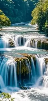Cascading waterfall amidst lush greenery background.