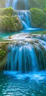 Serene waterfall cascading over rocks surrounded by lush greenery.