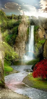 Serene waterfall amidst lush green cliffs and red foliage.