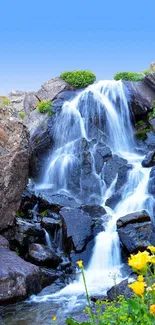 Serene waterfall with vibrant wildflowers and rocky terrain.